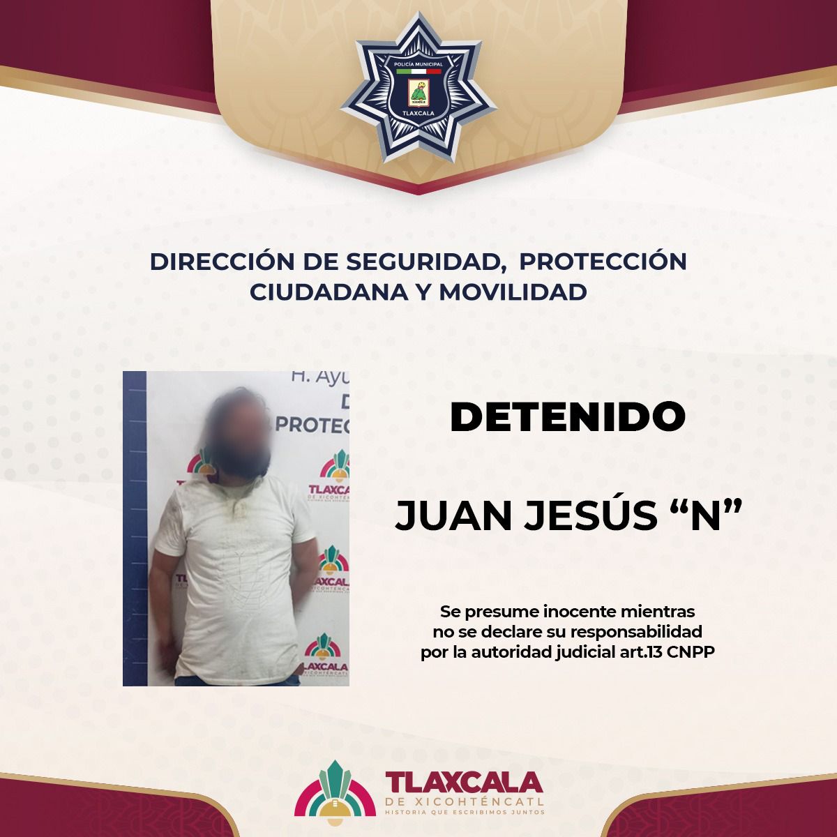 Policía Municipal de Tlaxcala detiene a masculino por alterar el orden público en la Loma Xicohténcatl